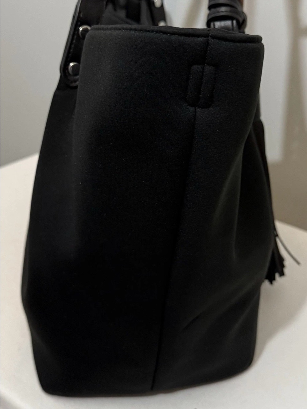 Marla Wynne Tote Bag Black Neoprene with Leather Trim Adjustable Sides & Tassel - Picture 5 of 16